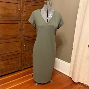 Olive Green V-Neck Dress with Pockets